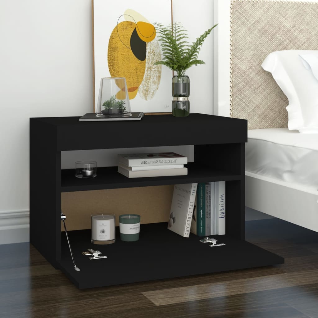 Bedside Cabinet & LED Lights 2 pcs Black 60x35x40 cm Engineered Wood