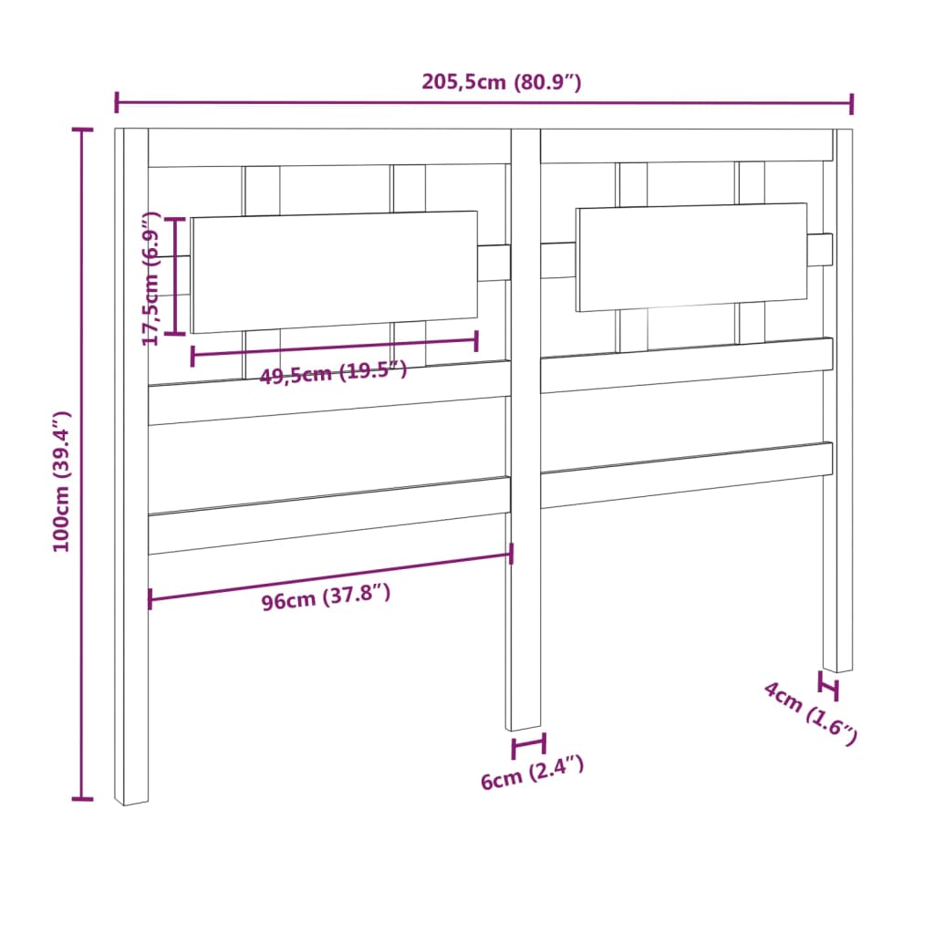 Bed Headboard White 205.5x4x100 cm Solid Wood Pine