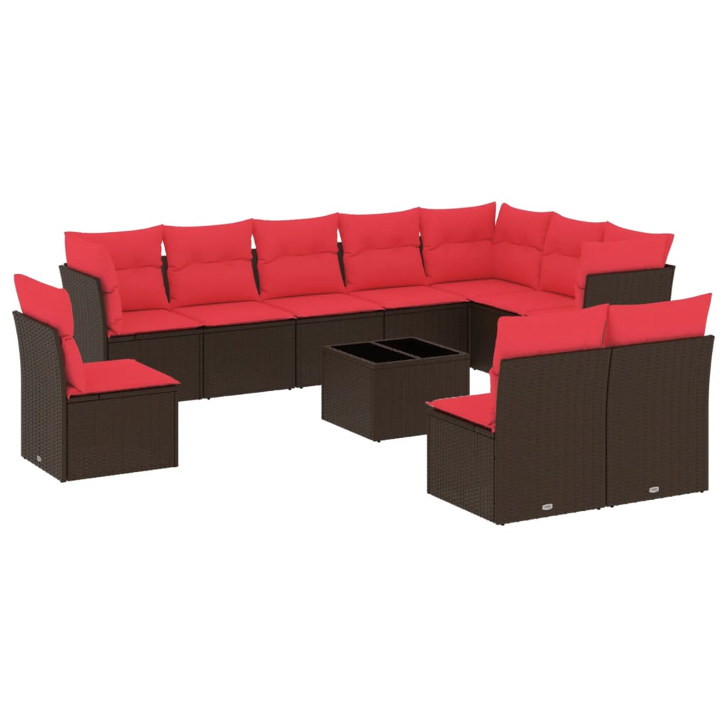 11 Piece Garden Sofa Set with Cushions Brown Poly Rattan