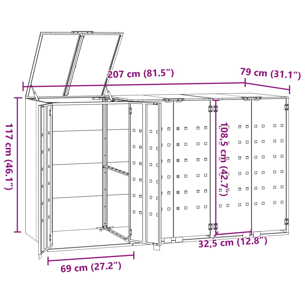 Wheelie Bin Storage for 3 Bins Grey 207x79x117 cm Steel