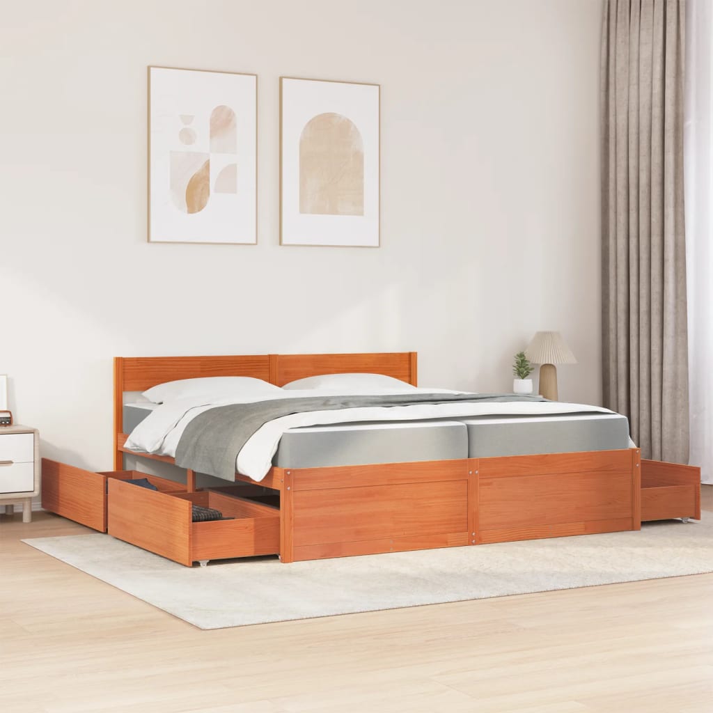 Bed with Drawers and Mattress Wax Brown 200x200 cm Solid Wood Pine