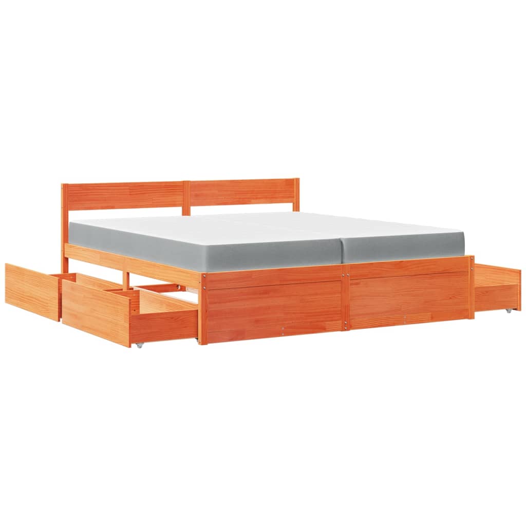 Bed with Drawers and Mattress Wax Brown 200x200 cm Solid Wood Pine