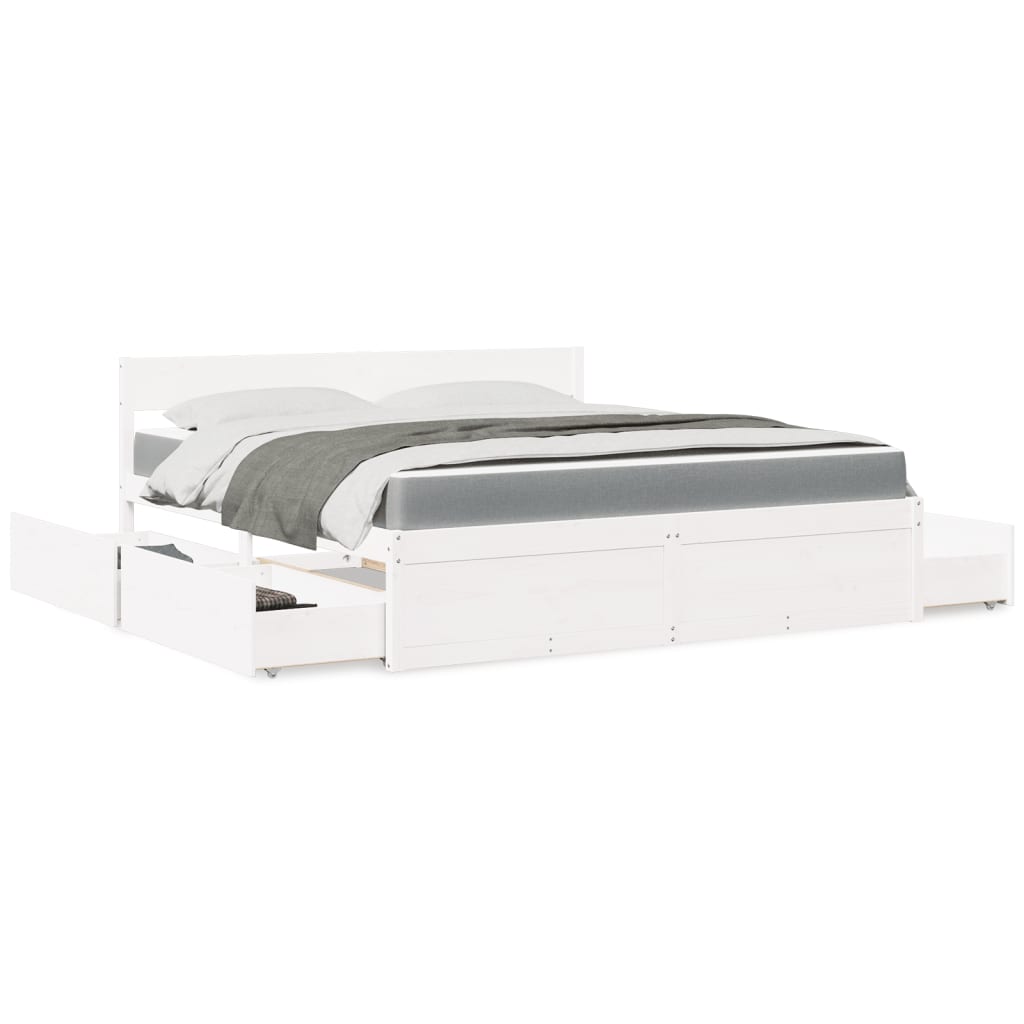 Bed with Drawers and Mattress White 180x200 cm Super King Solid Wood Pine