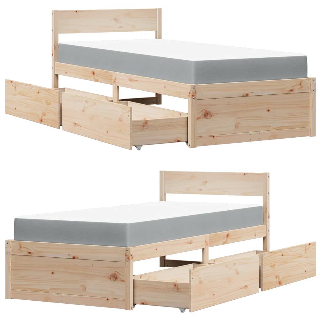 Bed with Drawers and Mattress 100x200 cm Solid Wood Pine