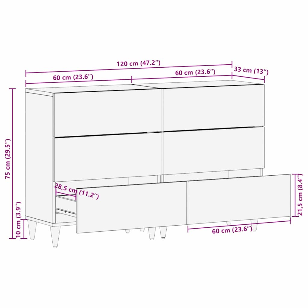 Sideboard 2 pcs Grey 60 x 33.5 x 75 cm Solid Mango wood