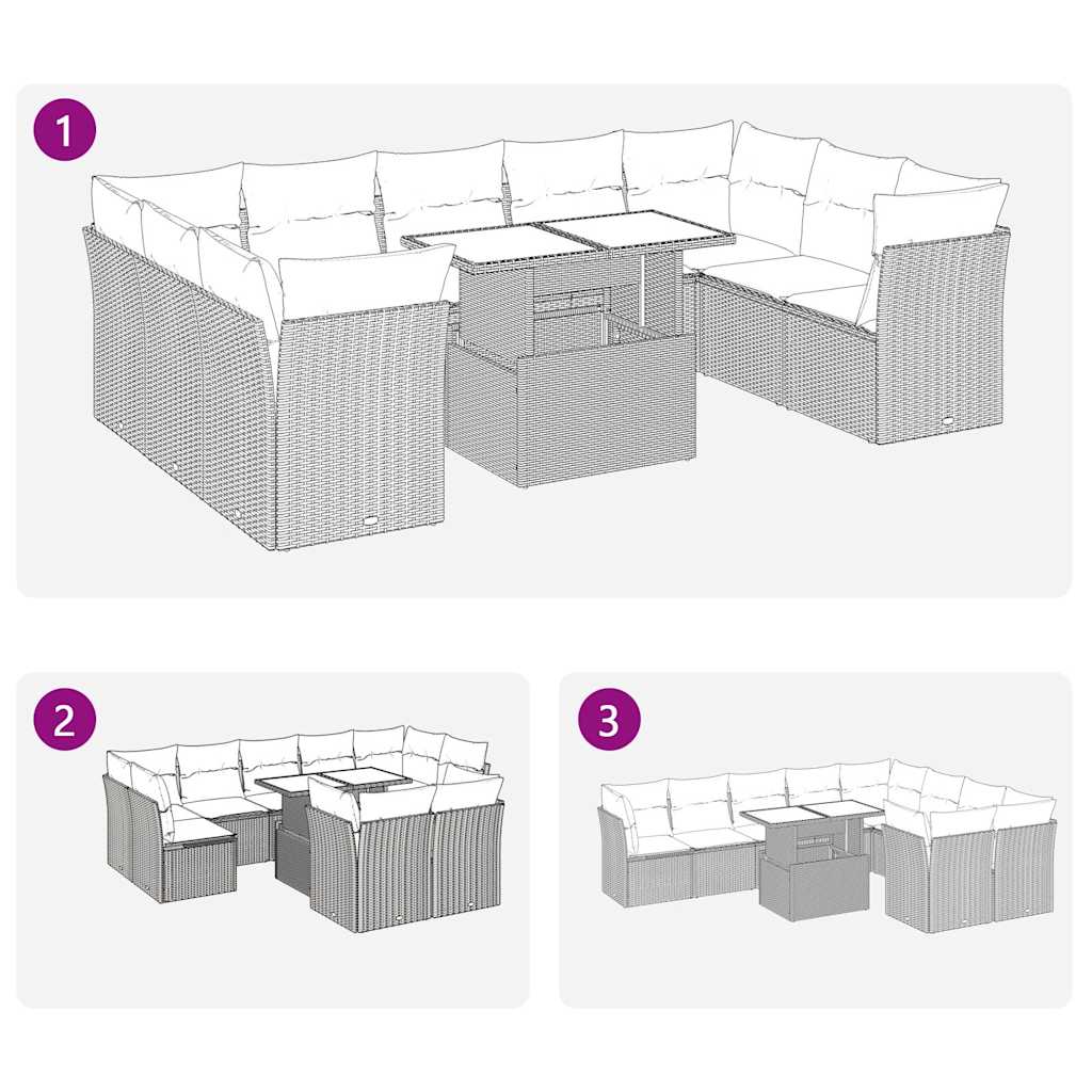 10 Piece Garden Sofa Set with Cushions Grey Poly Rattan Acacia
