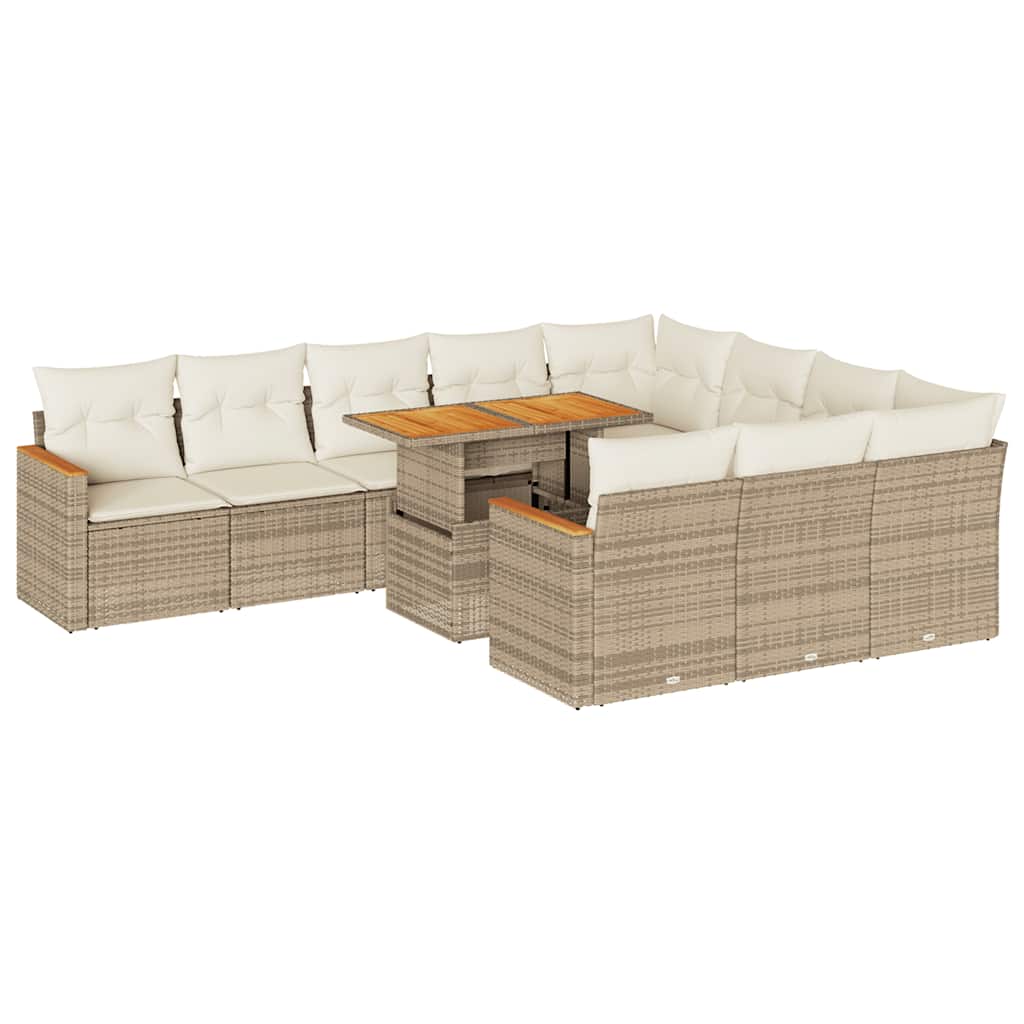 11 Piece Garden Sofa Set with Cushions Beige Poly Rattan Acacia