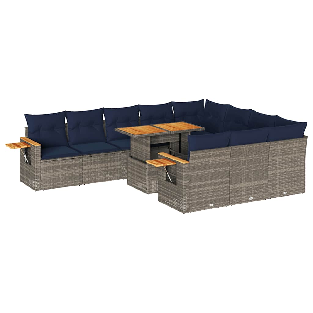11 Piece Garden Sofa Set with Cushions Grey Poly Rattan Acacia