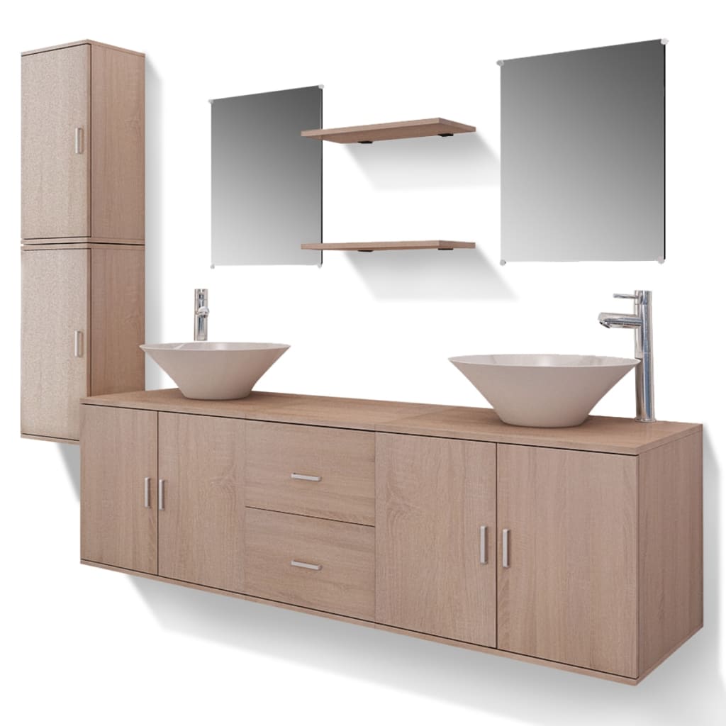 11 Piece Bathroom Furniture Set with Basin with Tap Beige