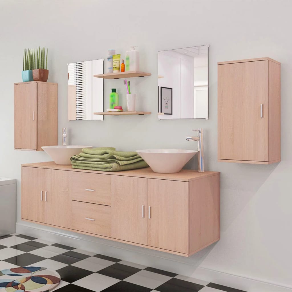 11 Piece Bathroom Furniture Set with Basin with Tap Beige