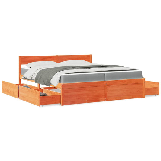 Bed with Drawers and Mattress Wax Brown 200x200 cm Solid Wood Pine