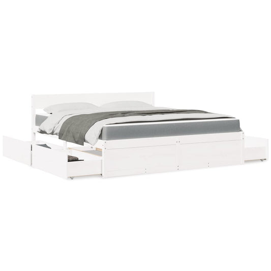 Bed with Drawers and Mattress White 180x200 cm Super King Solid Wood Pine
