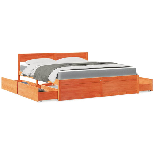 Bed with Drawers and Mattress Wax Brown 180x200 cm Super King Solid Wood Pine