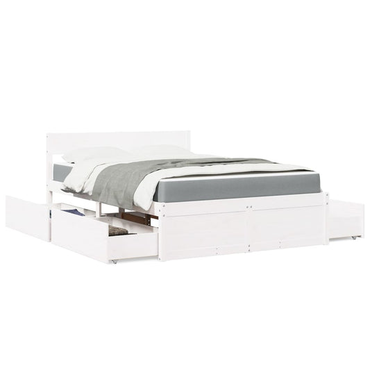Bed with Drawers and Mattress White 140x190 cm Solid Wood Pine