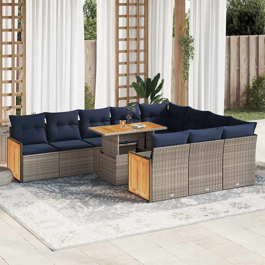 11 Piece Garden Sofa Set with Cushions Grey Poly Rattan Acacia